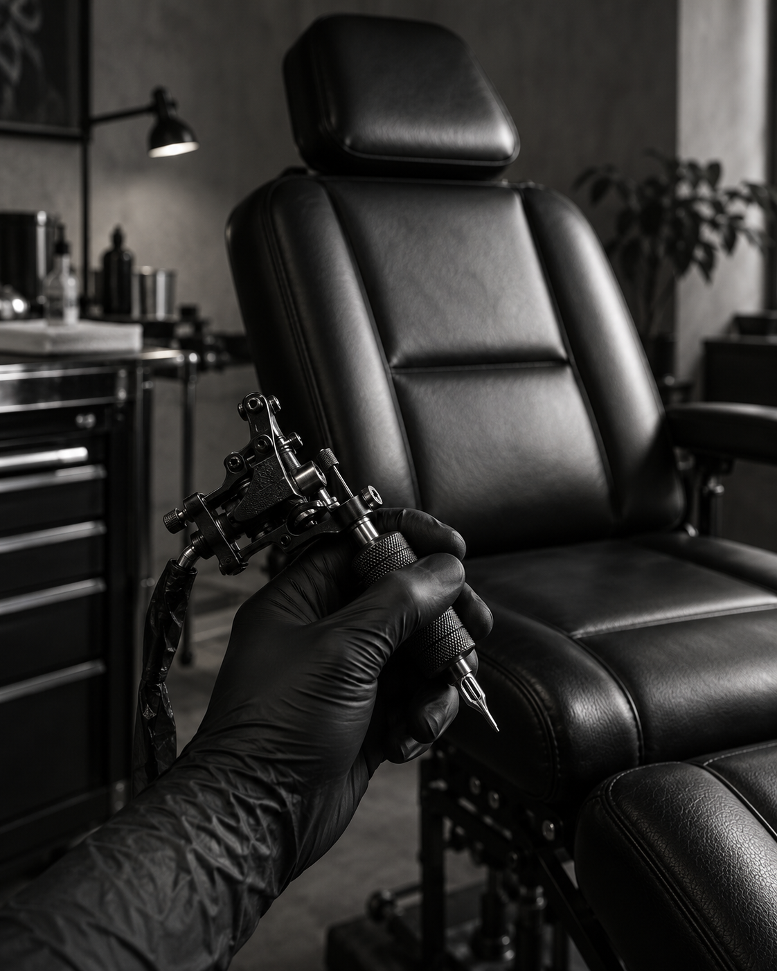 Illustration of tattoo equipment beside a studio chair
